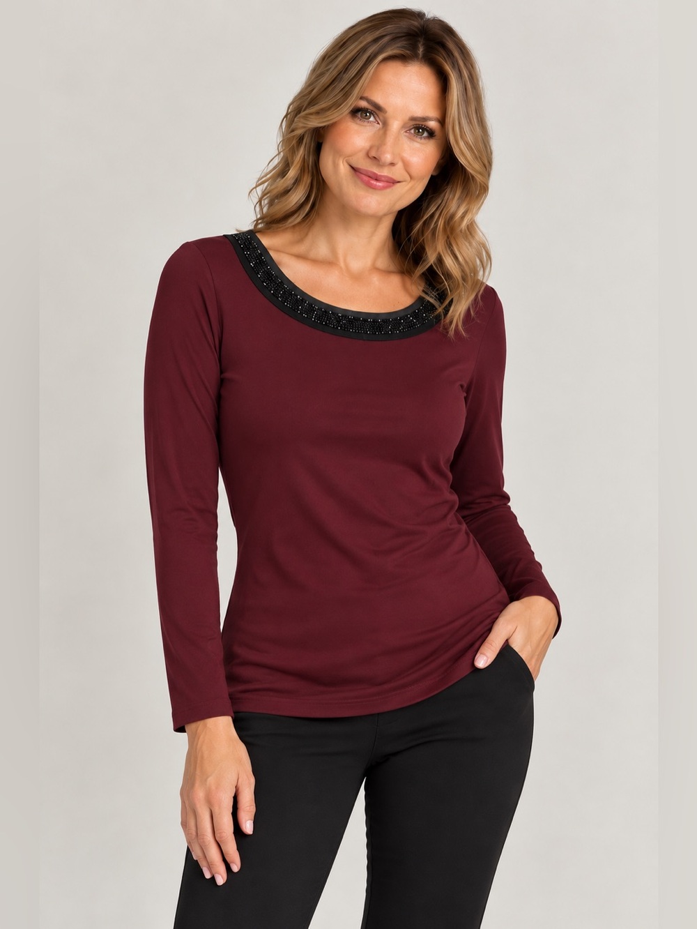 DKR Apparel Beaded Neckline Long Sleeve Top-Bordeaux